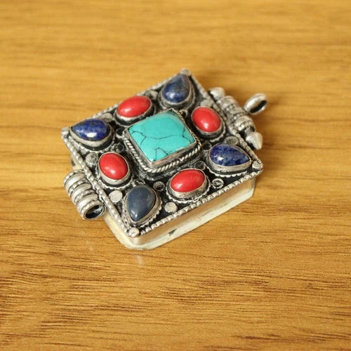 Tibetan Silver Lapis Turquoise Coral Store Square Gau Box Pendant Necklace 07FC0E-D4 - KOEEK