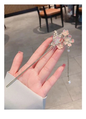 Butterfly Peach Blossom Tassel Hairpin Chinese Style Hanfu Hair Accessory 07FC0E-D4 - KOEEK