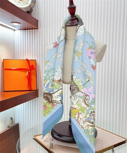 90cm Twill Silk Scarf Floral Bird Print Square Shawl Sun Protection for Women 07FC0E-D4 - KOEEK