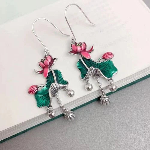 Cloisonne Lotus Leaf Tassel Earrings Vintage Ethnic Long Dangle Jewelry 07FC0E-D4 - KOEEK