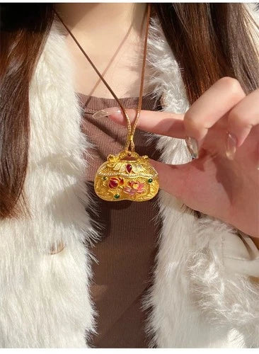 Gold Tone Inlay Pendant Necklace Chinese Filigree Ruyi Enamel Lotus Lock Jewelry 07FC0E-D4 - KOEEK