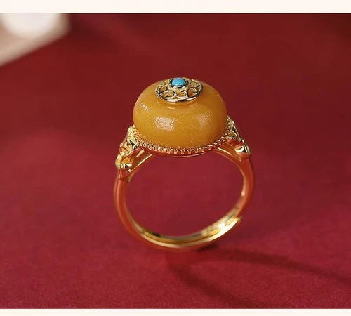 Yellow Glass Pi Xiu Ring Vintage Adjustable Wealth Ring for Women 07FC0E-D4 - KOEEK