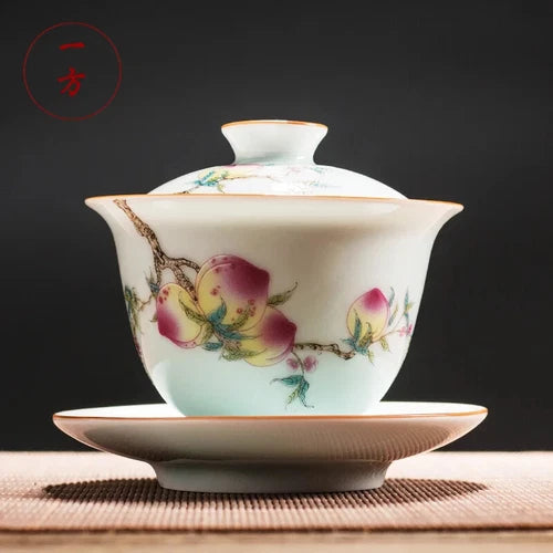 Chinese Gaiwan Ceramic Tea Bowl with Saucer, Handmade Hand-painted Tea Set 07FC0E-D4 - KOEEK