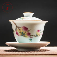 Chinese Gaiwan Ceramic Tea Bowl with Saucer, Handmade Hand-painted Tea Set 07FC0E-D4 - KOEEK