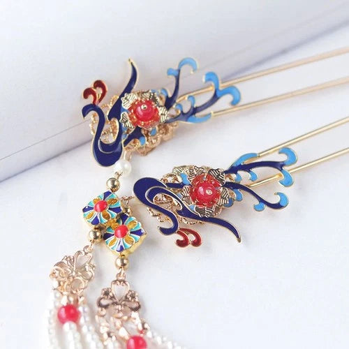 Hanfu Headpiece Set Tassel Hair Pins Chinese Vintage Costume Hair Accessory 07FC0E-D4 - KOEEK