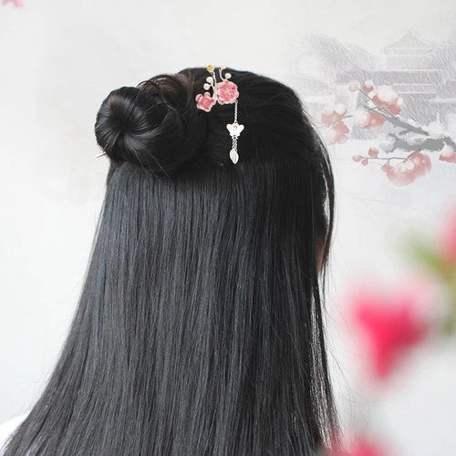 Silver Plated Plum Blossom Tassel Hairpin Chinese Style Hanfu Hair Stick 07FC0E-D4 - KOEEK