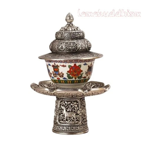 Alloy Tantric Holy Water Cup Buddhist Tea Rack Eight Auspicious Porcelain Bowl 07FC0E-D4 - KOEEK