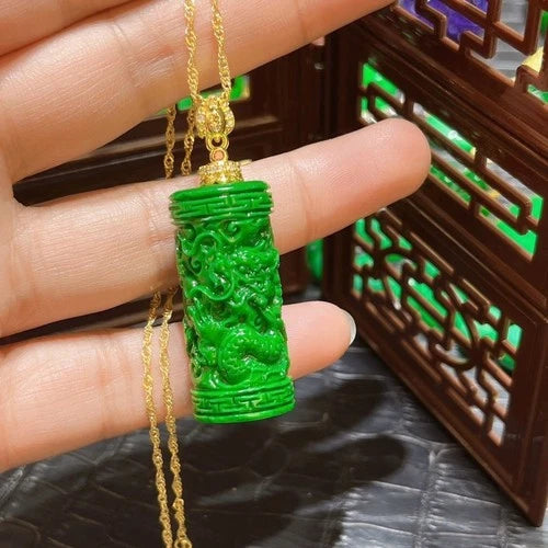 Full Green Cylinder Carved Dragon Pendant Chinese Style Vintage Jewelry 07FC0E-D4 - KOEEK