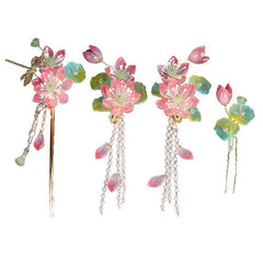 Lotus Buyao Tassel Hair Pin Set Chinese Style Updo Hair Accessory 07FC0E-D4 - KOEEK