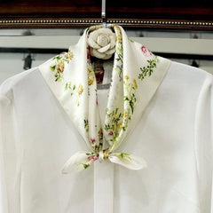 Pure Silk 21" Small Square Scarf Women Neckerchief Black White Flower Wrap 07FC0E-D4 - KOEEK