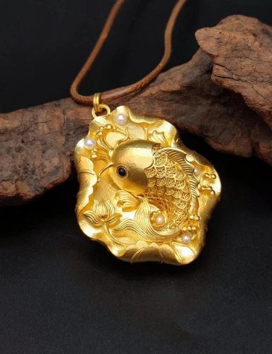 Handmade Fish Pendant Necklace Filigree Inlay Pearl Vintage Style Carved Jewelry 07FC0E-D4 - KOEEK