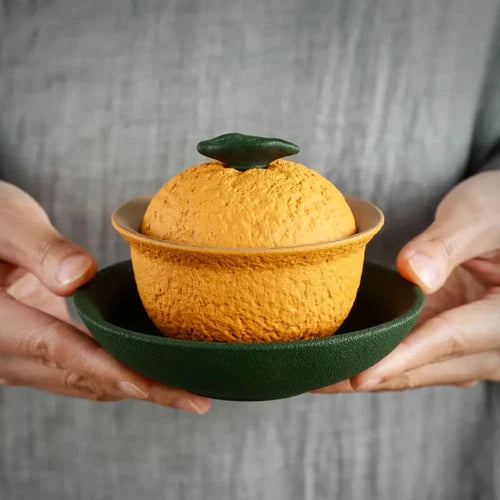 Chinese Sancai Gaiwan Handmade Pottery Tea Cup Bowl Orange Shape Tea Tureen 07FC0E-D4 - KOEEK