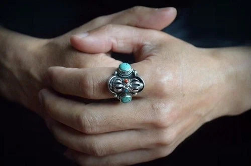 Handmade Nepali Tibetan Turquoise Ring Rotatable Vintage Adjustable 07FC0E-D4 - KOEEK