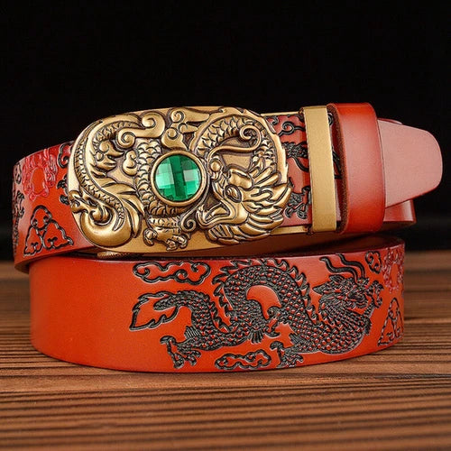 Automatic Buckle Men's Belt  Dragon Designer Leather Belt Gold Buckle Belt 07FC0E-D4 - KOEEK