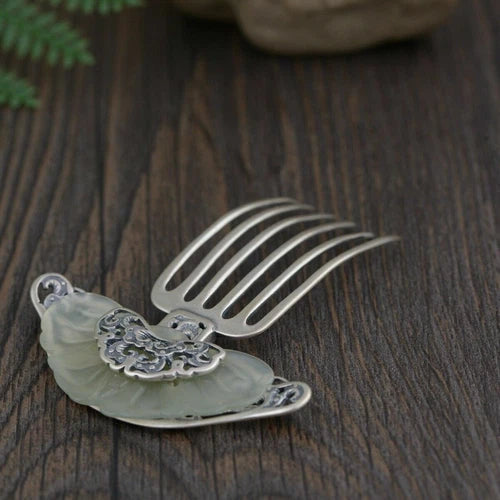 Tradition Chinese Artworks Hetian Jade Silver Hairpin Hair Clasp Accessory 07FC0E-D4 - KOEEK