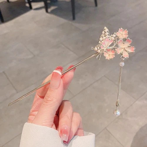 Butterfly Peach Blossom Tassel Hairpin Chinese Style Hanfu Hair Accessory 07FC0E-D4 - KOEEK