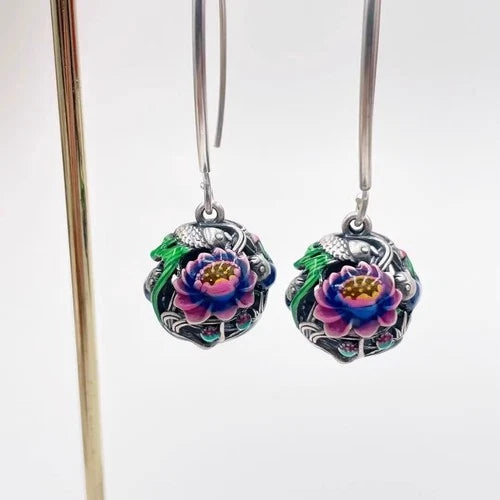 Cloisonne Enamel Lotus Koi Fish Earrings Vintage Ethnic Handmade Dangle Jewelry 07FC0E-D4 - KOEEK