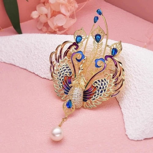 Chinese Style Phoenix Brooch Enamel Pearl Tassel Pin Suit Coat Jewelry Accessory 07FC0E-D4 - KOEEK