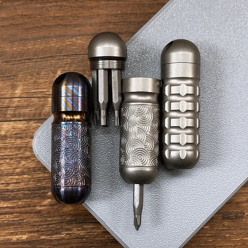 Titanium Pocket Mini Waterproof Holder with Bits Portable Outdoor EDC Tools Gift 07FC0E-D4 - KOEEK