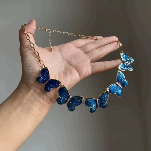 Vintage Blue Enamel Butterfly Necklace Choker Pendant Gothic Style Jewelry 07FC0E-D4 - KOEEK