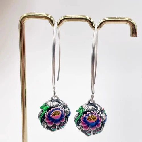 Cloisonne Enamel Lotus Koi Fish Earrings Vintage Ethnic Handmade Dangle Jewelry 07FC0E-D4 - KOEEK