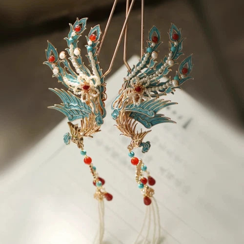 Bridal Phoenix Hairpin Chinese Vintage Cheongsam Hanfu Updo Headdress 2pc 07FC0E-D4 - KOEEK