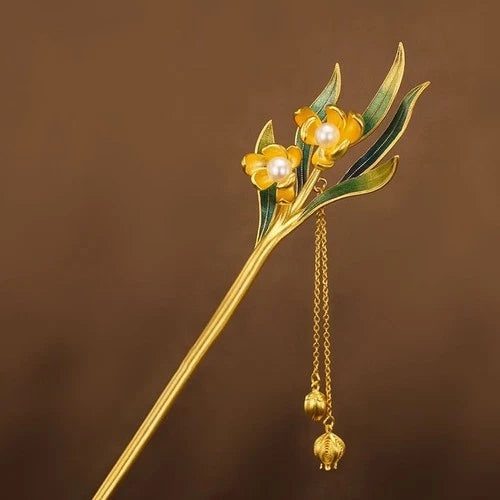 Cloisonne Daffodil Hairpin Chinese Style Tassel Hanfu Traditional Hair Jewelry 07FC0E-D4 - KOEEK