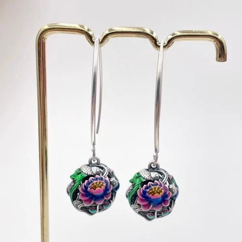 Cloisonne Enamel Lotus Koi Fish Earrings Vintage Ethnic Handmade Dangle Jewelry 07FC0E-D4 - KOEEK
