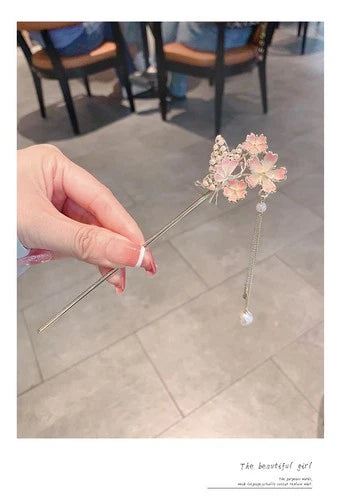 Butterfly Peach Blossom Tassel Hairpin Chinese Style Hanfu Hair Accessory 07FC0E-D4 - KOEEK