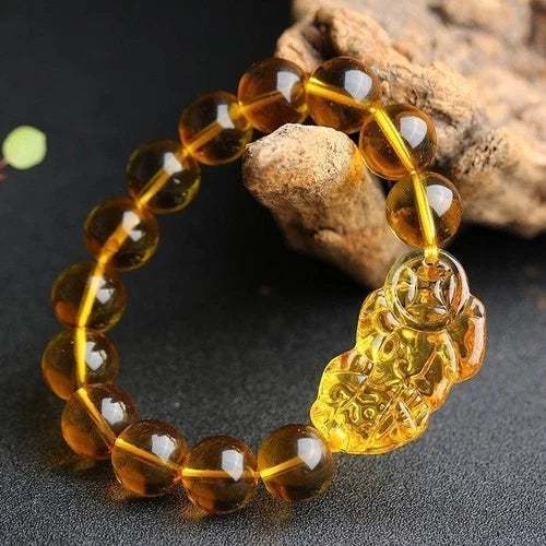 12mm Natural Yellow Citrine Pixiu Bracelet Wealth Charm Feng Shui 07FC0E-D4 - KOEEK