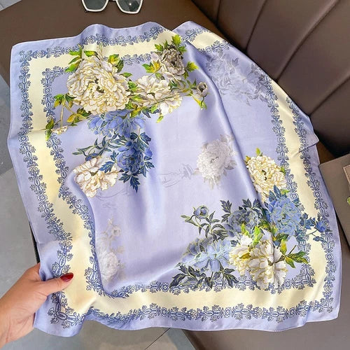 Silk Mulberry 27" Square Scarf Women Neckerchief Wrap Bandana Purple Flower 07FC0E-D4 - KOEEK