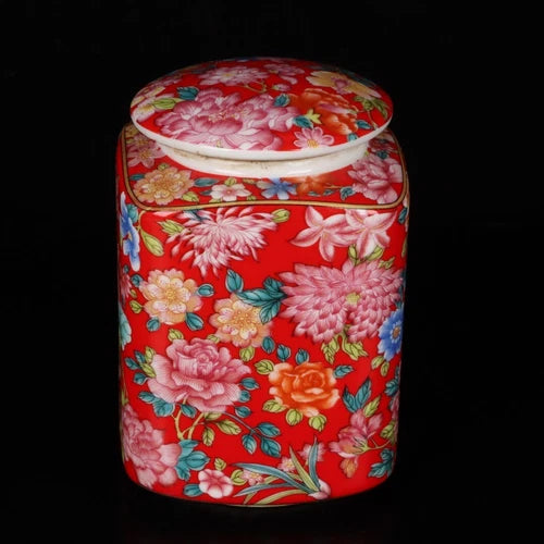 4.3" China Multi-Color Porcelain Red Glaze Ten Thousand Flower Teacaddy Pot 07FC0E-D4 - KOEEK