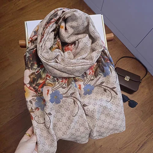 Cotton Linen Scarf 180x80CM Gray Brown Floral Print Long Wrap Shawl for Women 07FC0E-D4 - KOEEK