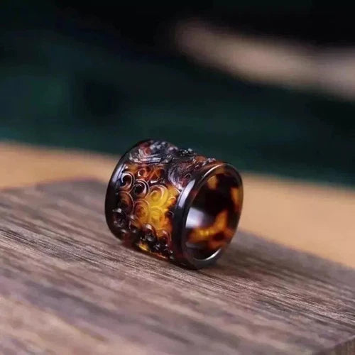 Vintage Chinese Style Turtle Shell Thumb Ring Carved Natural Blood Pattern Band 07FC0E-D4 - KOEEK