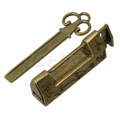 Chinese Old Style Antique Carved Bird Flower Leaf Padlock Lock With Key 07FC0E-D4 - KOEEK