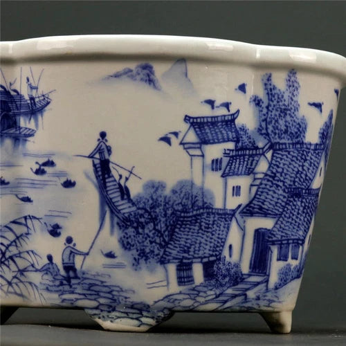 Jingdezhen Blue and White Porcelain Jiangnan Water Town Design Flowerpot 07FC0E-D4 - KOEEK