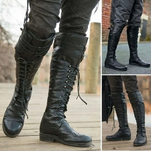 Men's Men Winter Boots Vintage Medieval Knee HighBoots Cross Strap Lace Up Boots 07FC0E-D4 - KOEEK