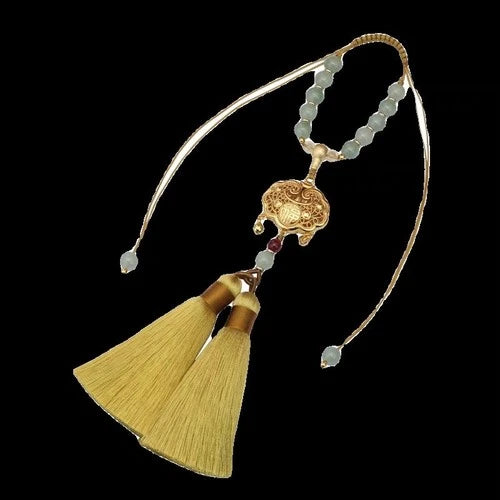 Safety Lock Car Pendant Gold Plated Jade Bead Tassel Bag/Car Hanging Ornament 07FC0E-D4 - KOEEK