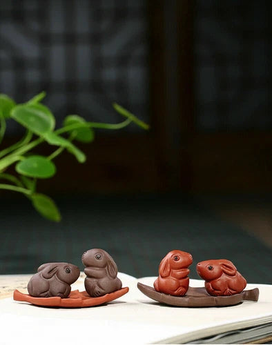 7.3'' Creative Tea Pet Home Decoration Rabbit on Leaf Statue House Warming Gift 07FC0E-D4 - KOEEK