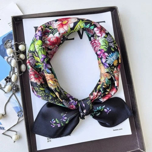 Pure Silk Square Scarf Women Neckerchief Wrap Kerchief Black White Flowers 07FC0E-D4 - KOEEK