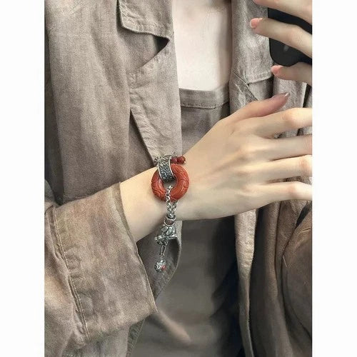 Vintage Chinese Jade Bracelet Retro Silver Tassel Beaded Bracelet for Women Gift 07FC0E-D4 - KOEEK