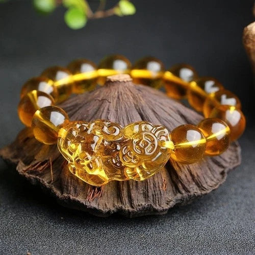 12mm Natural Yellow Citrine Pixiu Bracelet Wealth Charm Feng Shui 07FC0E-D4 - KOEEK