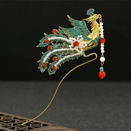 Chinese Hanfu Blue Enamel Phoenix Tassel Hairpin Vintage Style Jewelry 07FC0E-D4 - KOEEK
