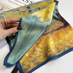 Mulberry Silk 21" Small Scarf For Women Neckerchief Wrap Yellow Oil Paiting 07FC0E-D4 - KOEEK