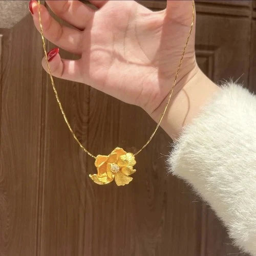 Chinese Style Peony Flower Necklace Brushed Gold Plated Choker Jewelry 07FC0E-D4 - KOEEK