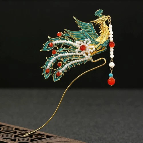 Chinese Hanfu Blue Enamel Phoenix Tassel Hairpin Vintage Style Jewelry 07FC0E-D4 - KOEEK