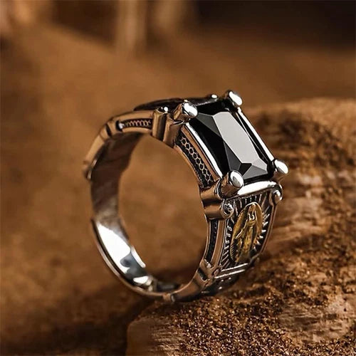 Vintage Black Stone Ring Adjustable Punk Style Hip Hop Fashion Jewelry for Men 07FC0E-D4 - KOEEK