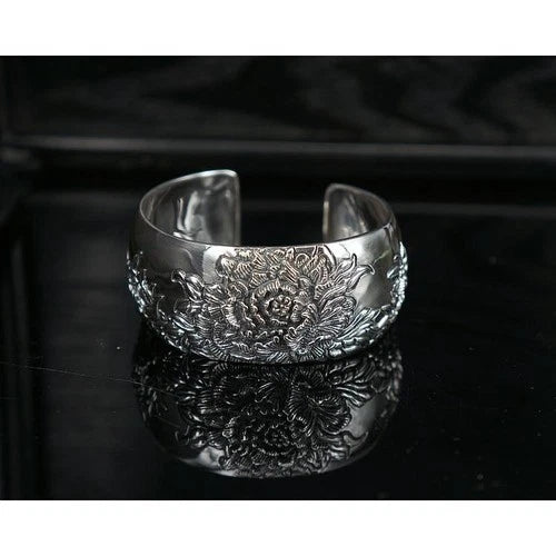 Vintage Wide Cuff Bracelet Peony Flower Open Bangle Ethnic Chic Women Jewelry 07FC0E-D4 - KOEEK
