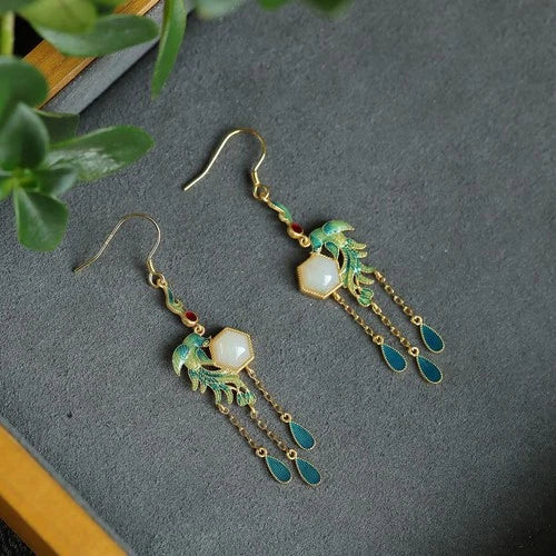 Vintage Chinese Style Hetian Inlay Earrings Stud Jewelry Women Accessories 07FC0E-D4 - KOEEK