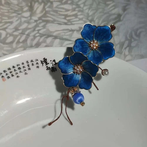 Velvet Flower Hairpin Chinese Style Hanfu Headpiece Blue Floral Hair Accessory 07FC0E-D4 - KOEEK
